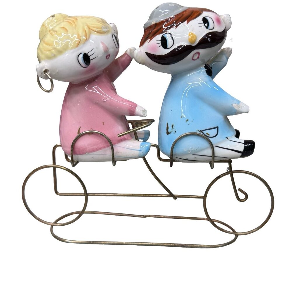 Vintage 1950's RELCO Boy Girl Kids Riding Bike Bicycle Salt Pepper Shakers READ